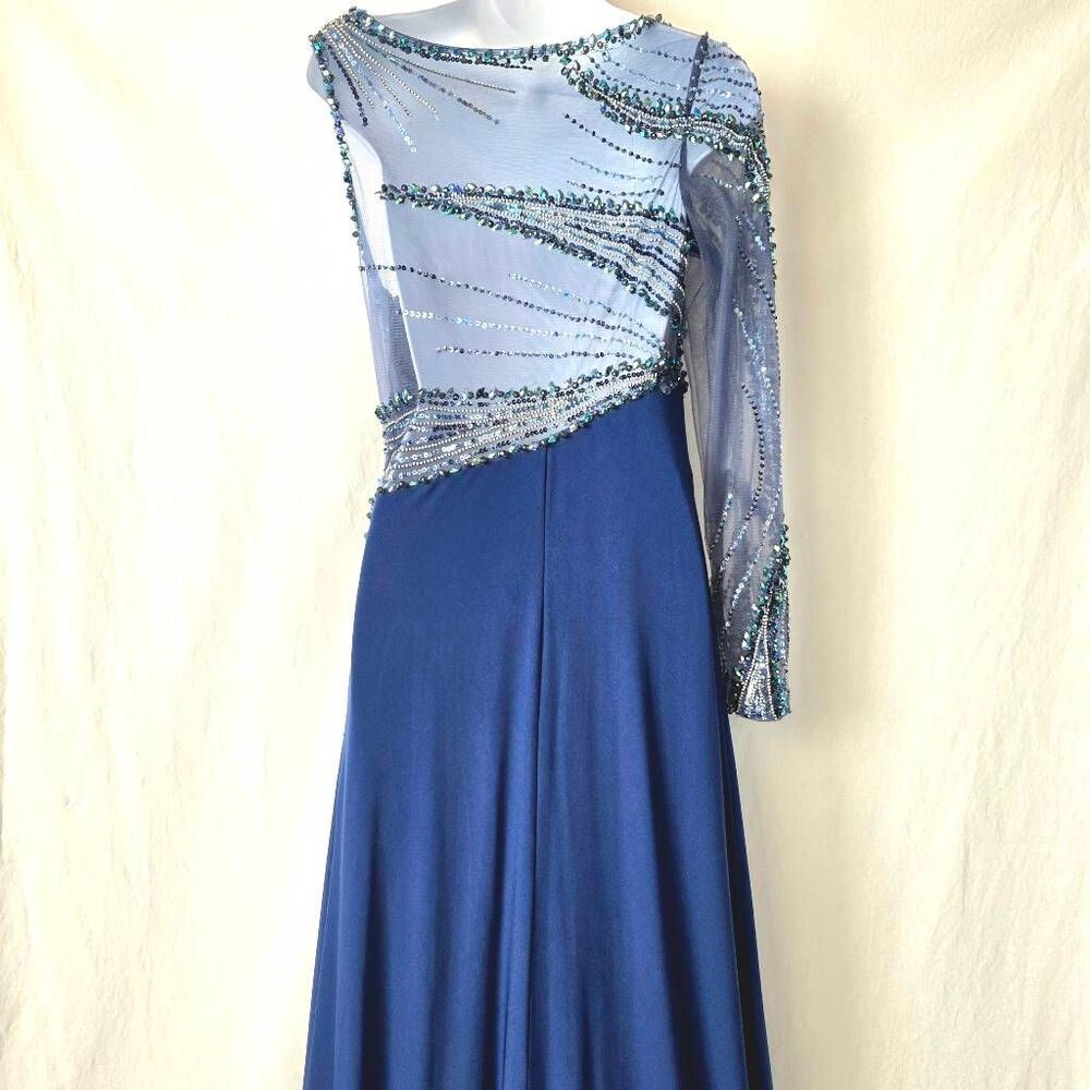 TONY BOWLS Blue Beaded One Shoulder Prom Gown - Picture 14 of 16